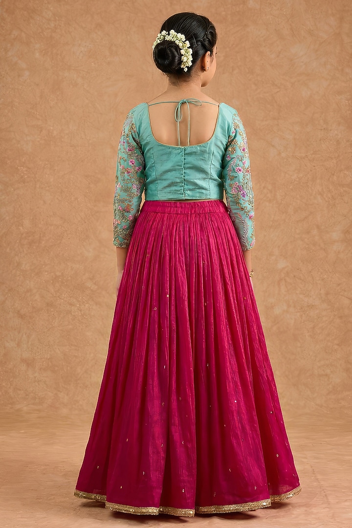 Hot Pink Viscose Silk Hand Embroidered Lehenga Set For Girls by Harmony at Pernia's Pop Up Shop
