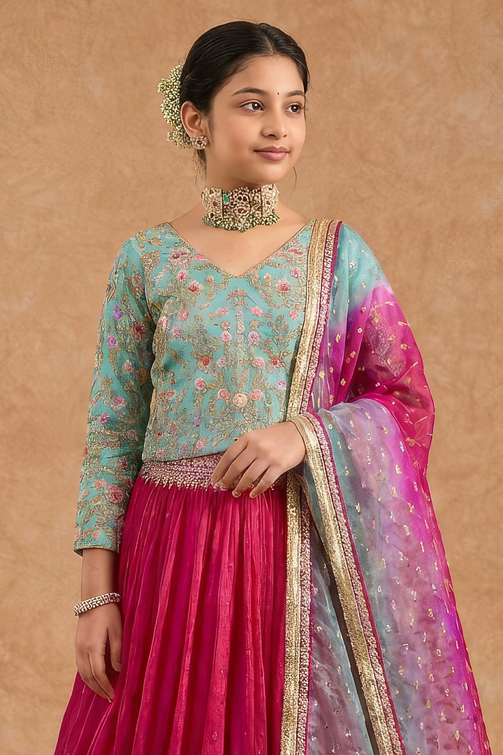 Hot Pink Viscose Silk Hand Embroidered Lehenga Set For Girls by Harmony at Pernia's Pop Up Shop