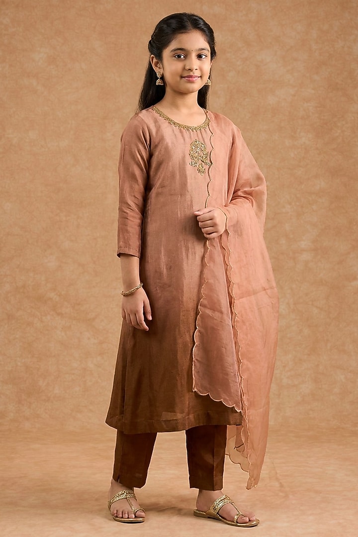 Brown Ombre Opara Silk Hand Embroidered Kurta Set For Girls by Harmony at Pernia's Pop Up Shop