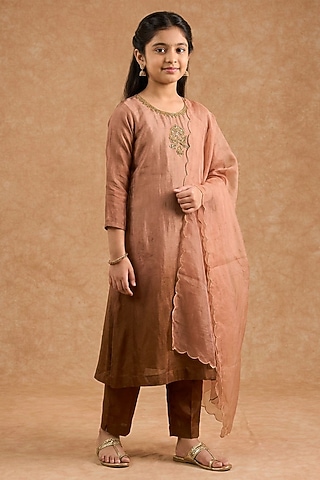 Brown Ombre Opara Silk Hand Embroidered Kurta Set For Girls by Harmony