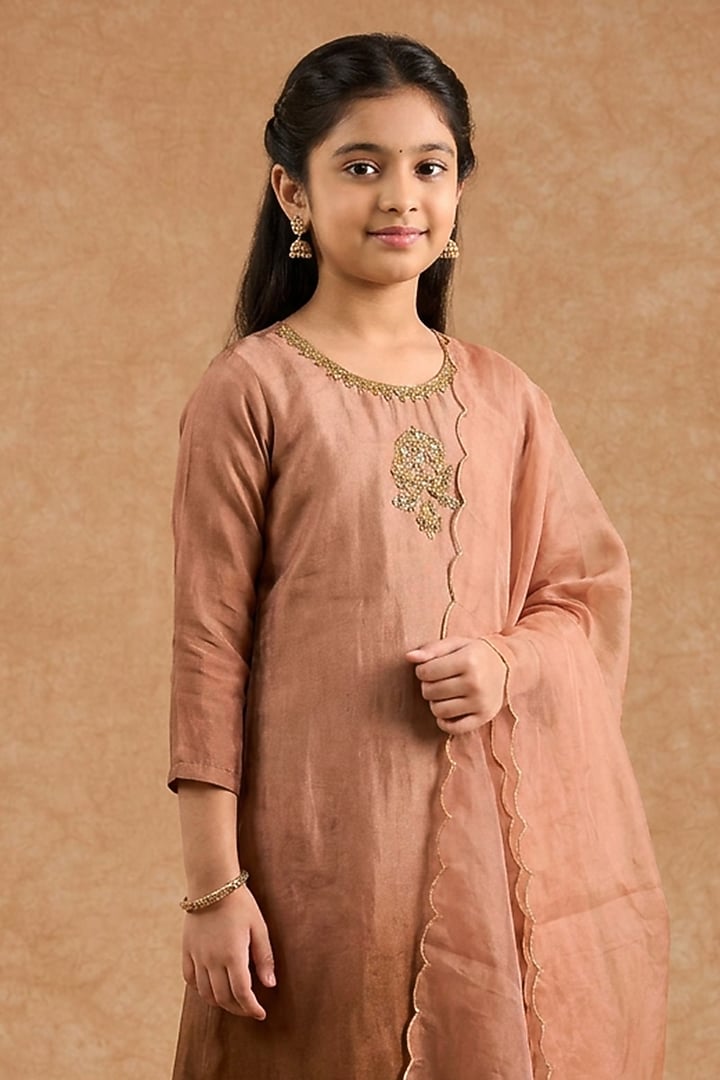 Brown Ombre Opara Silk Hand Embroidered Kurta Set For Girls by Harmony at Pernia's Pop Up Shop