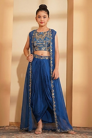 Deep Blue Crepe Embroidered Draped Skirt Set For Girls by Harmony