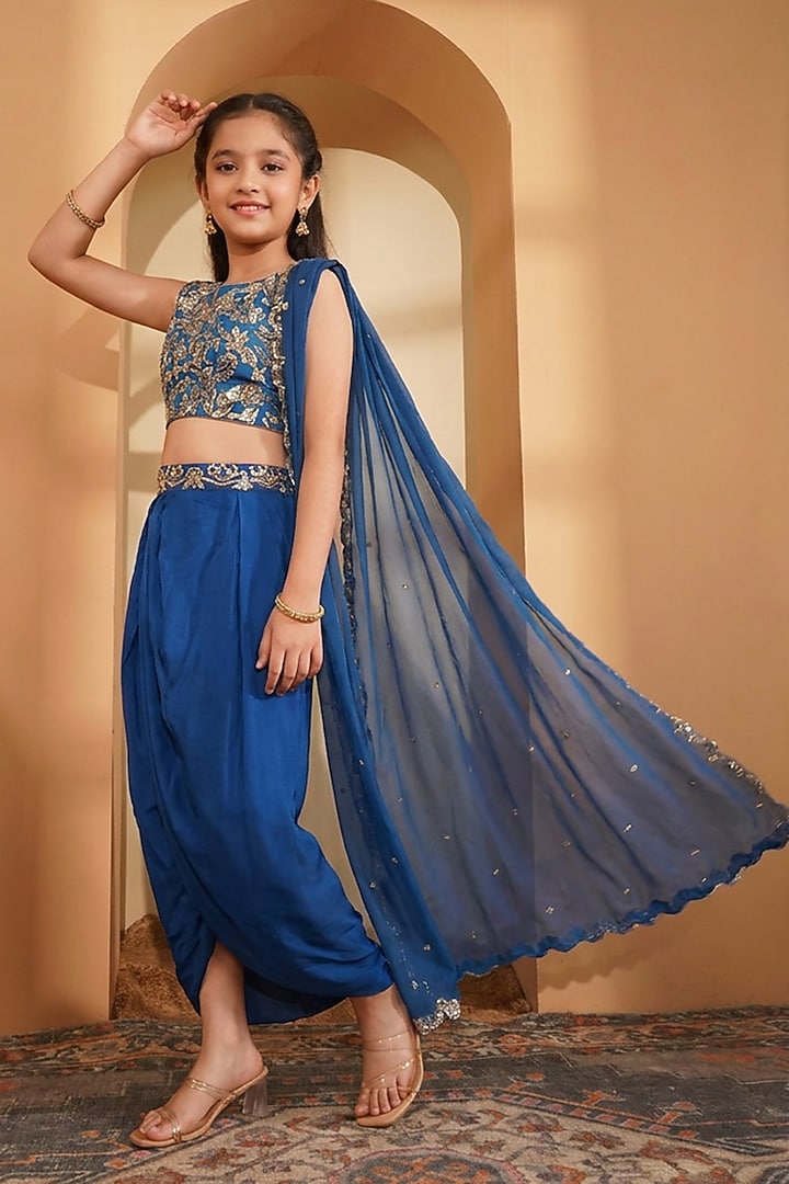 Deep Blue Crepe Embroidered Draped Skirt Set For Girls by Harmony at Pernia's Pop Up Shop