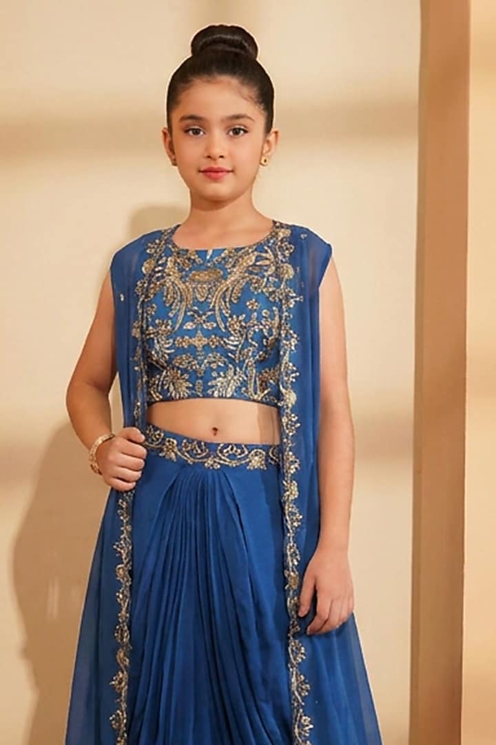 Deep Blue Crepe Embroidered Draped Skirt Set For Girls by Harmony at Pernia's Pop Up Shop