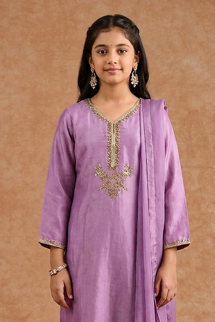 Dull Purple Opara Silk Hand Embroidered Kurta Set For Girls by Harmony at Pernia's Pop Up Shop