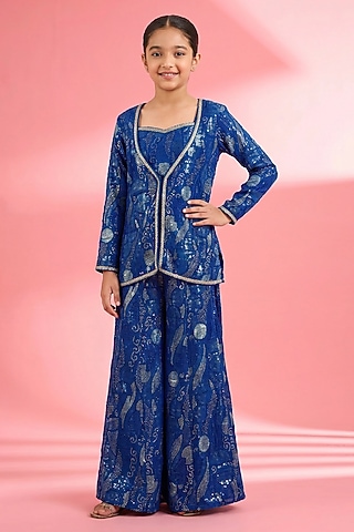 Royal Blue Georgette Sequins Embroidered Sharara Set For Girls by Harmony