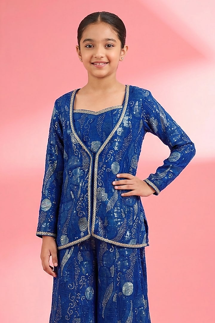 Royal Blue Georgette Sequins Embroidered Sharara Set For Girls by Harmony at Pernia's Pop Up Shop