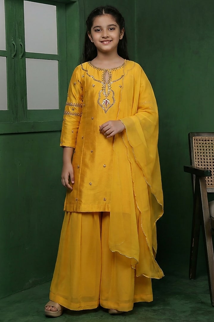 Mustard Katan Silk Sharara Set For Girls by Harmony at Pernia's Pop Up Shop