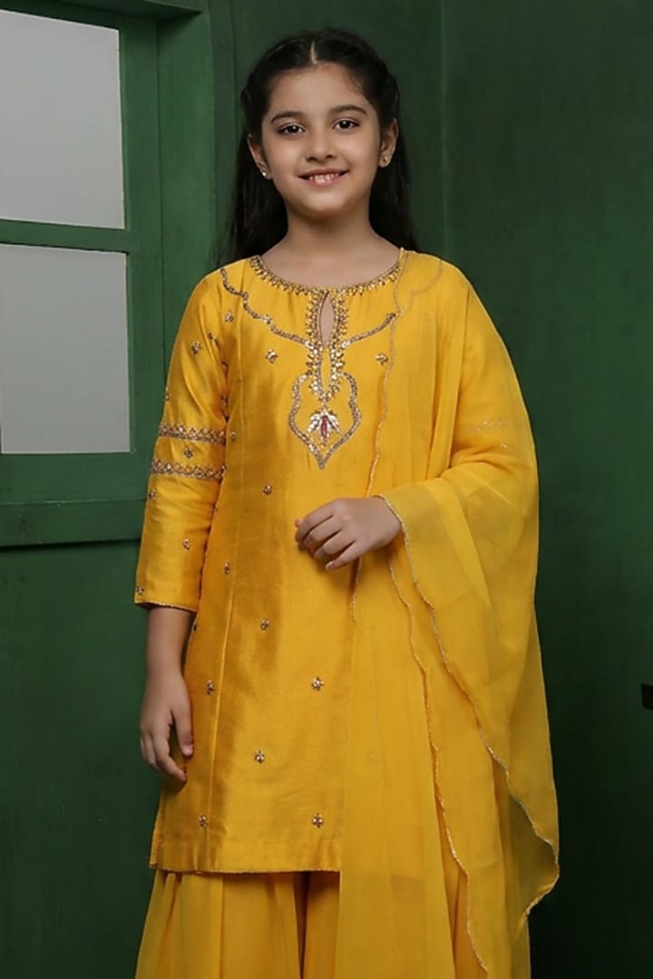 Mustard Katan Silk Sharara Set For Girls by Harmony at Pernia's Pop Up Shop