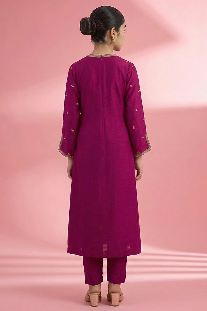 Fuchsia Viscose Katan Silk Zari Embroidered Kurta Set For Girls by Harmony at Pernia's Pop Up Shop