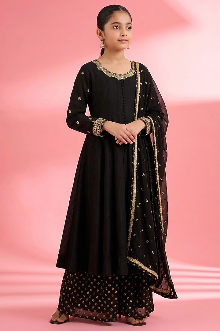 Black Viscose Katan Silk Cutdana Embroidered Anarkali Set For Girls by Harmony at Pernia's Pop Up Shop