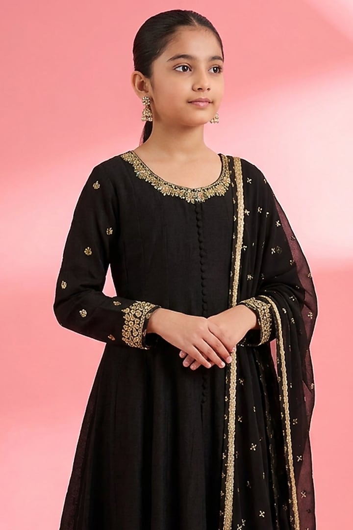 Black Viscose Katan Silk Cutdana Embroidered Anarkali Set For Girls by Harmony at Pernia's Pop Up Shop