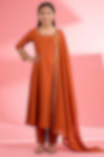 Rust Viscose Katan Silk Dabka Embroidered Kurta Set For Girls by Harmony at Pernia's Pop Up Shop