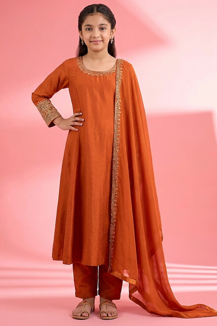 Rust Viscose Katan Silk Dabka Embroidered Kurta Set For Girls by Harmony at Pernia's Pop Up Shop