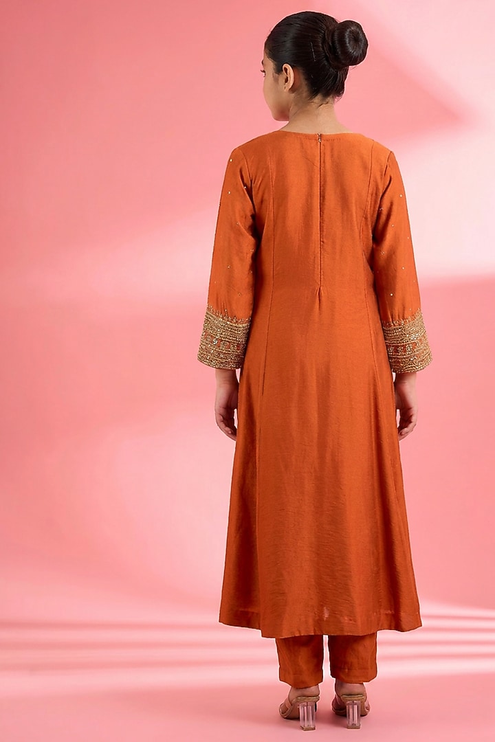Rust Viscose Katan Silk Dabka Embroidered Kurta Set For Girls by Harmony at Pernia's Pop Up Shop