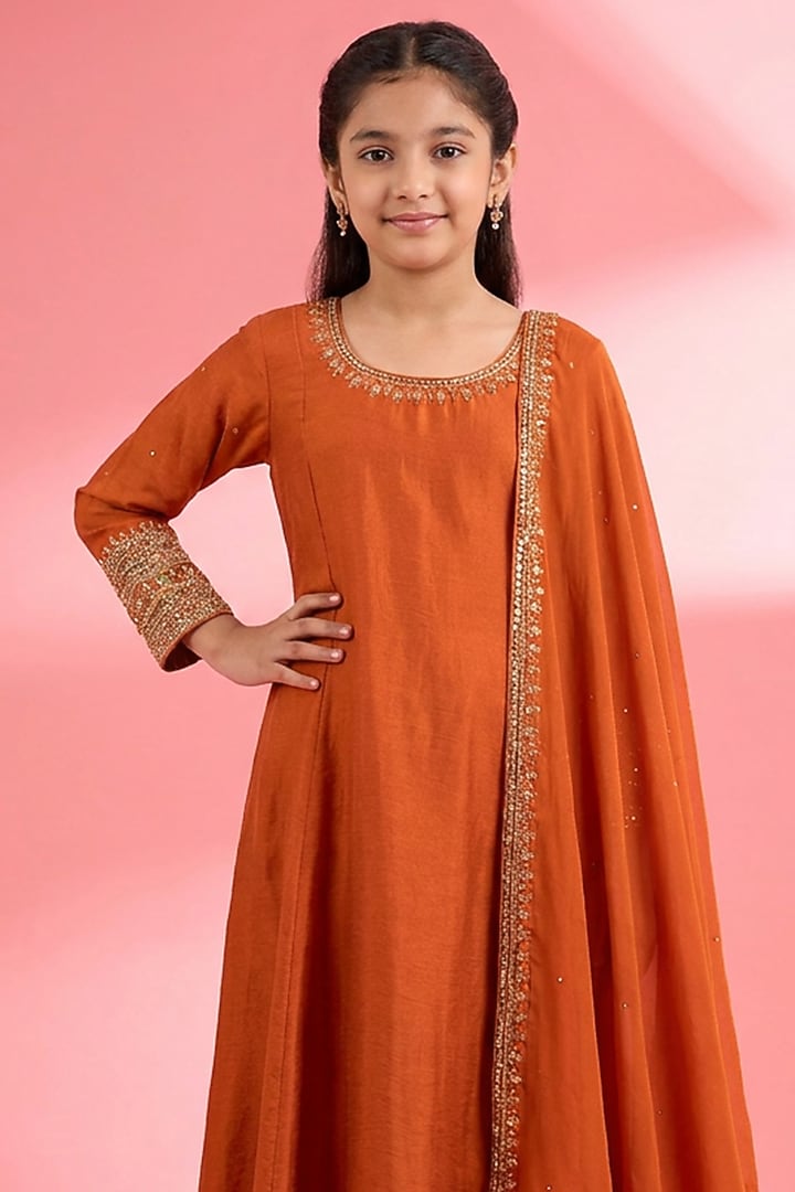 Rust Viscose Katan Silk Dabka Embroidered Kurta Set For Girls by Harmony at Pernia's Pop Up Shop