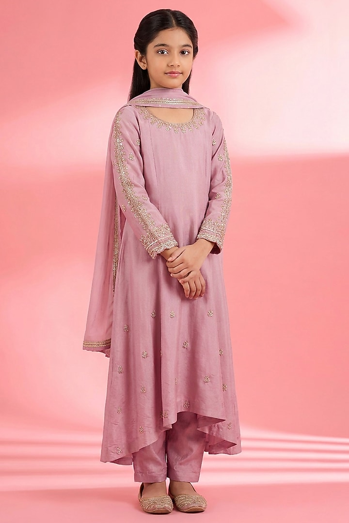 Pink Viscose Katan Silk Sequin Embroidered Kurta Set For Girls by Harmony at Pernia's Pop Up Shop