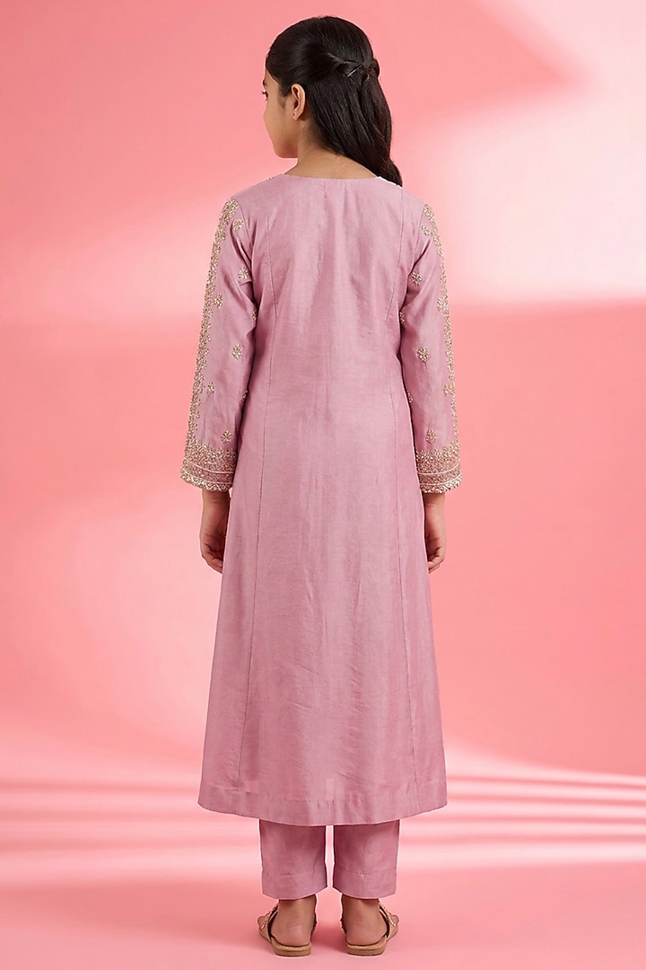 Pink Viscose Katan Silk Sequin Embroidered Kurta Set For Girls by Harmony at Pernia's Pop Up Shop