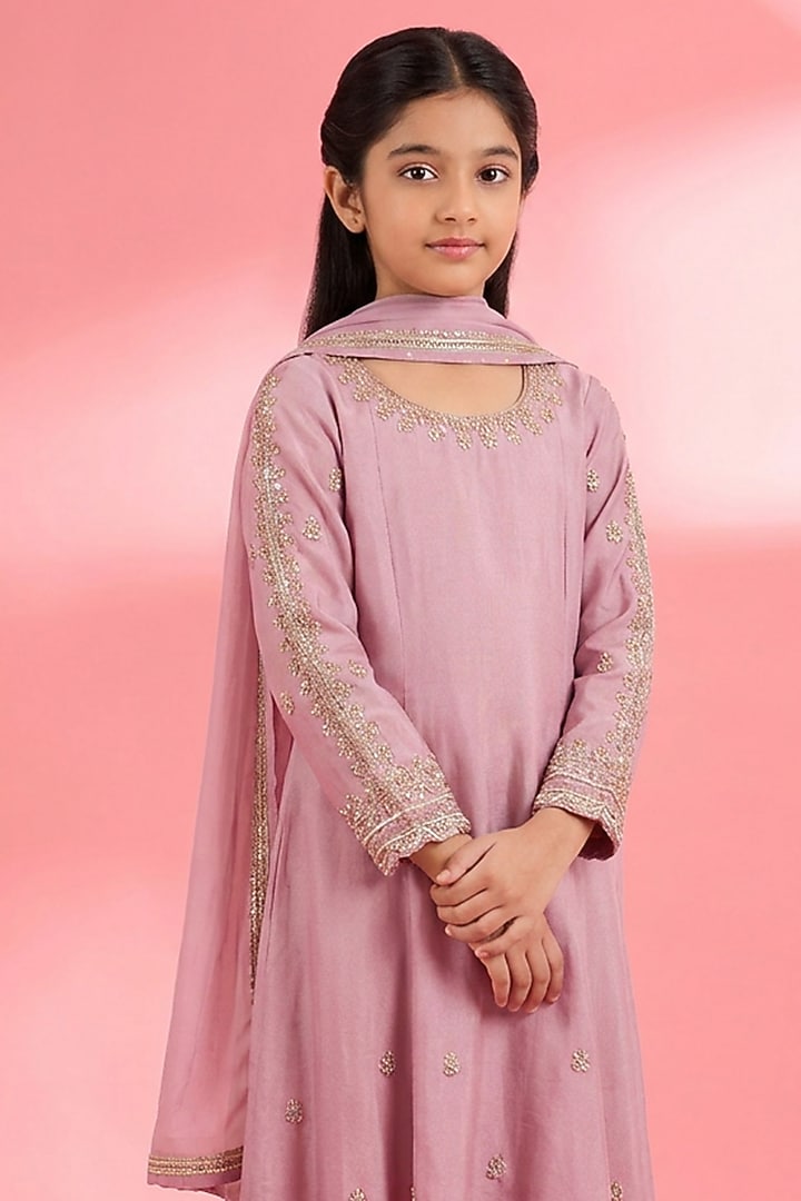 Pink Viscose Katan Silk Sequin Embroidered Kurta Set For Girls by Harmony at Pernia's Pop Up Shop