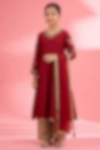 Maroon Viscose Katan Silk Pearl Embroidered Kurta Set For Girls by Harmony at Pernia's Pop Up Shop