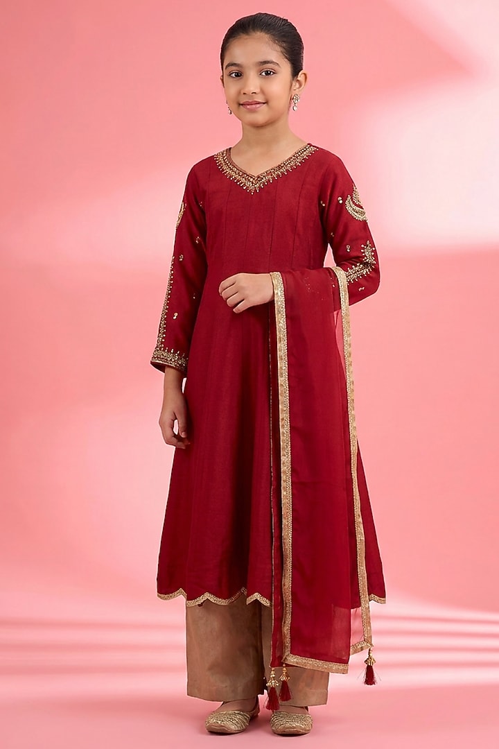 Maroon Viscose Katan Silk Pearl Embroidered Kurta Set For Girls by Harmony at Pernia's Pop Up Shop