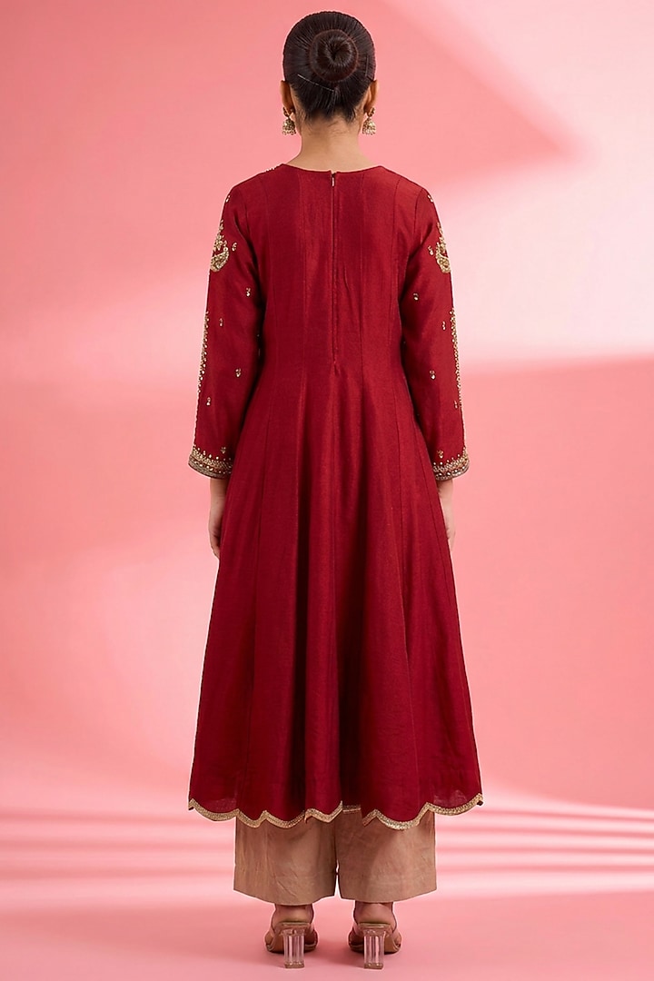 Maroon Viscose Katan Silk Pearl Embroidered Kurta Set For Girls by Harmony at Pernia's Pop Up Shop