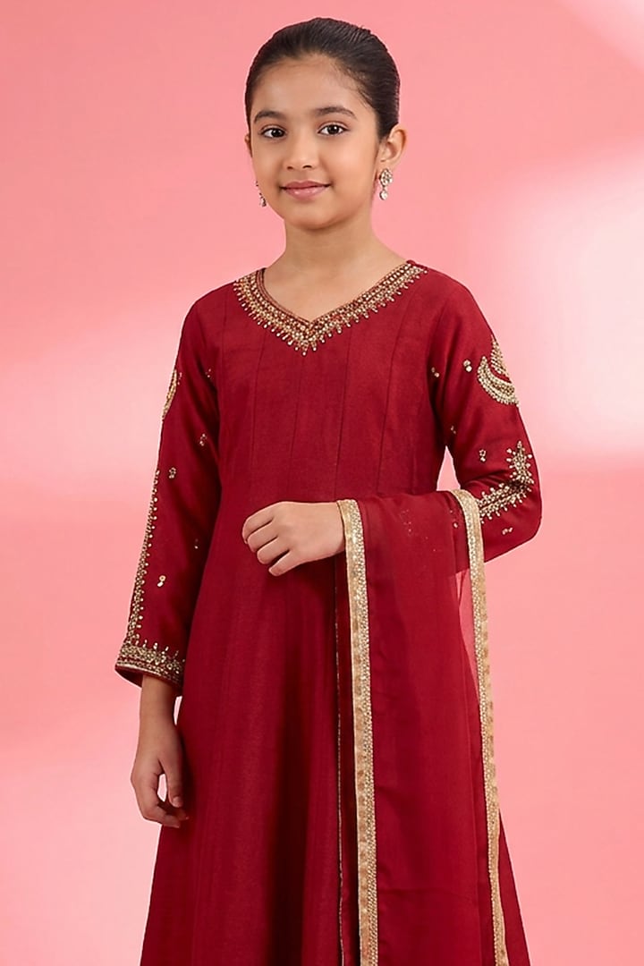 Maroon Viscose Katan Silk Pearl Embroidered Kurta Set For Girls by Harmony at Pernia's Pop Up Shop