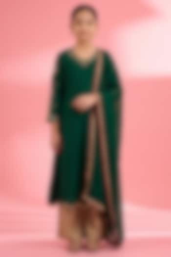 Dark Green Katan Silk Pearl Embroidered Kurta Set For Girls by Harmony at Pernia's Pop Up Shop