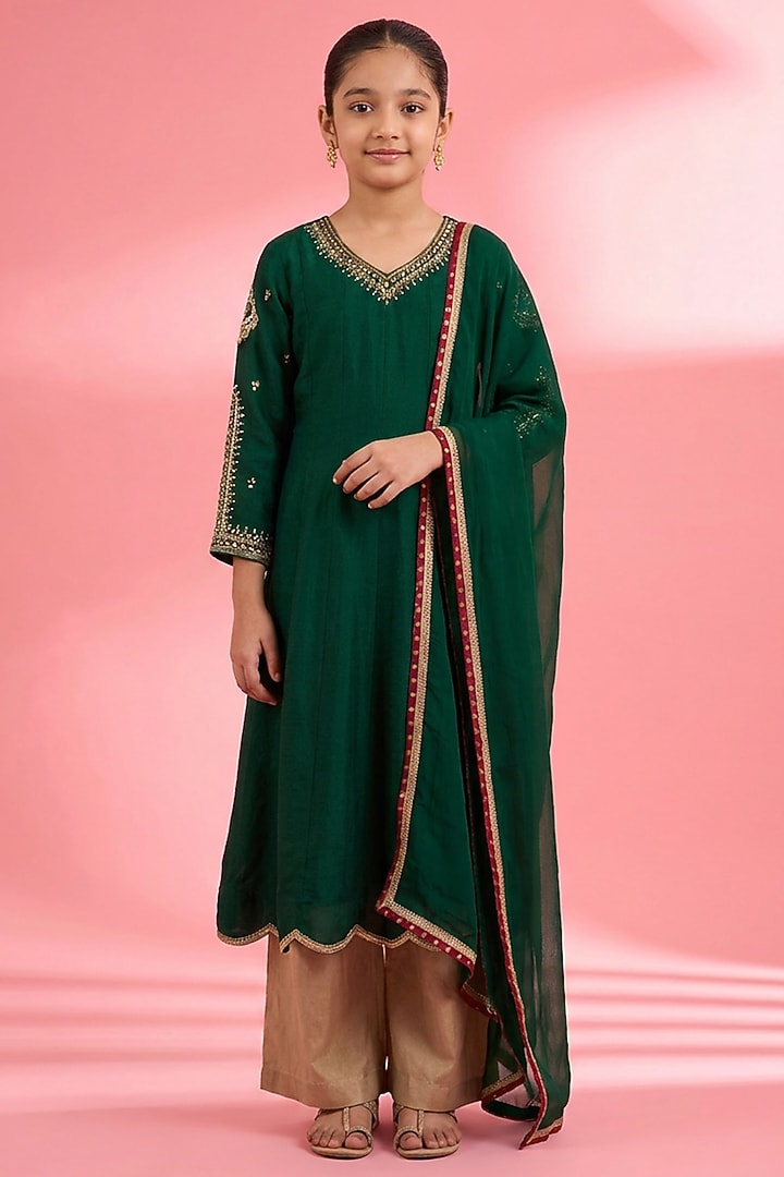 Dark Green Katan Silk Pearl Embroidered Kurta Set For Girls by Harmony at Pernia's Pop Up Shop