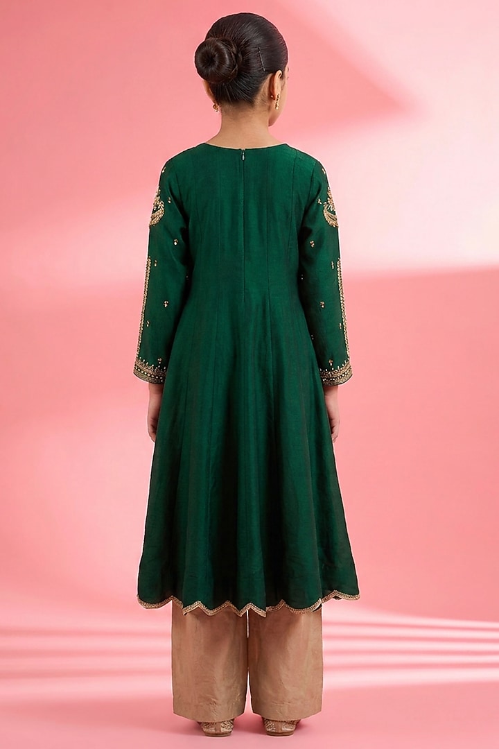 Dark Green Katan Silk Pearl Embroidered Kurta Set For Girls by Harmony at Pernia's Pop Up Shop