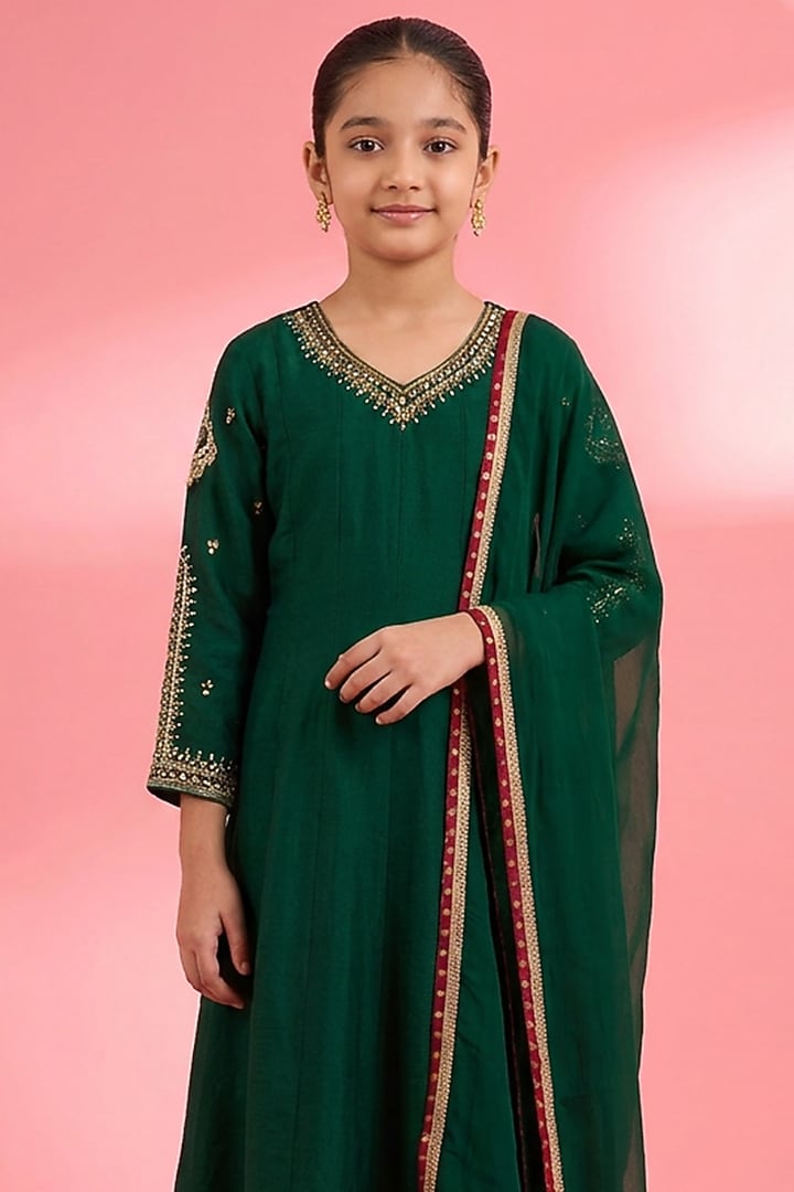 Dark Green Katan Silk Pearl Embroidered Kurta Set For Girls by Harmony at Pernia's Pop Up Shop