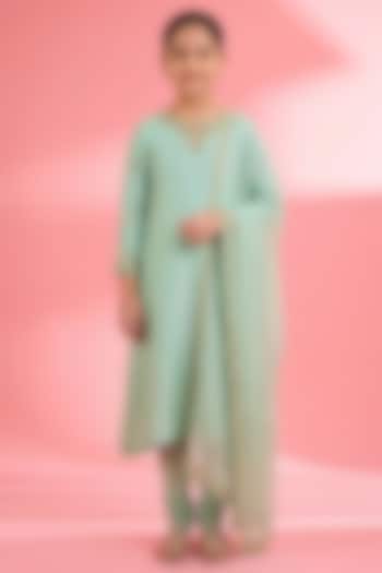 Sea Green Viscose Katan Silk Sequin Embroidered Kurta Set For Girls by Harmony at Pernia's Pop Up Shop