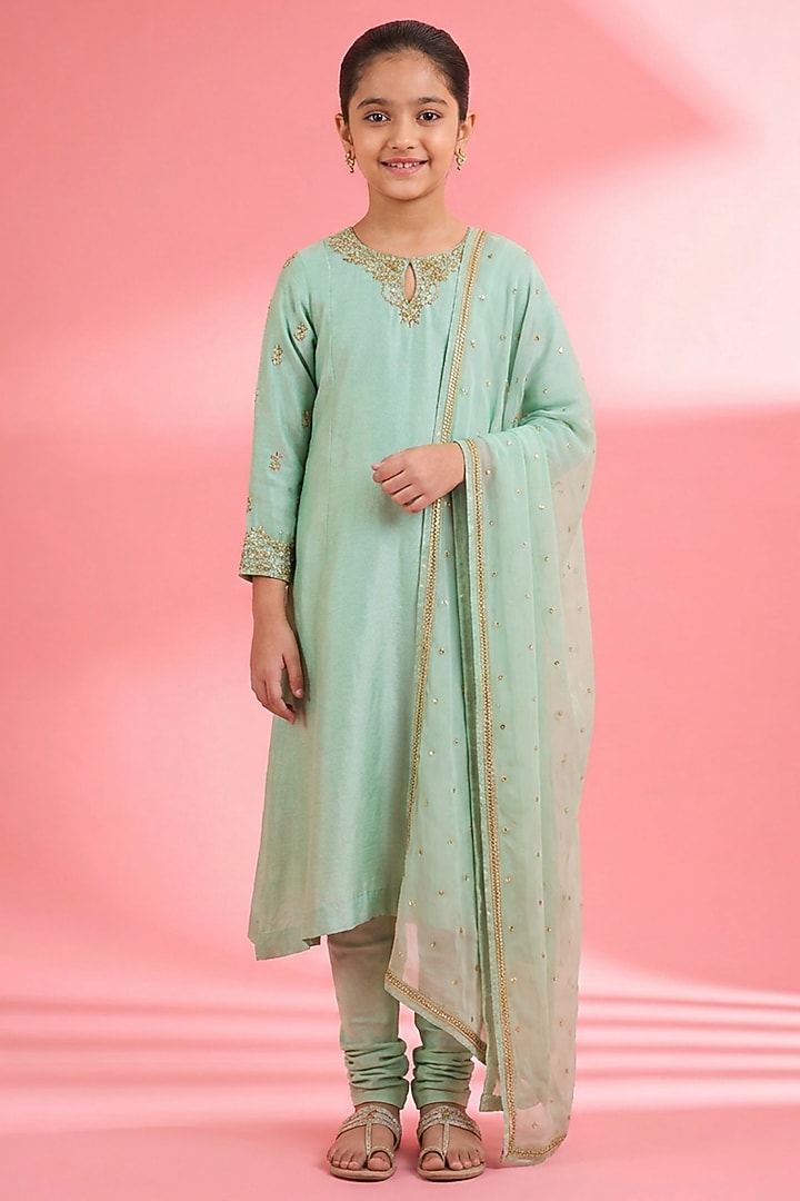 Sea Green Viscose Katan Silk Sequin Embroidered Kurta Set For Girls by Harmony at Pernia's Pop Up Shop