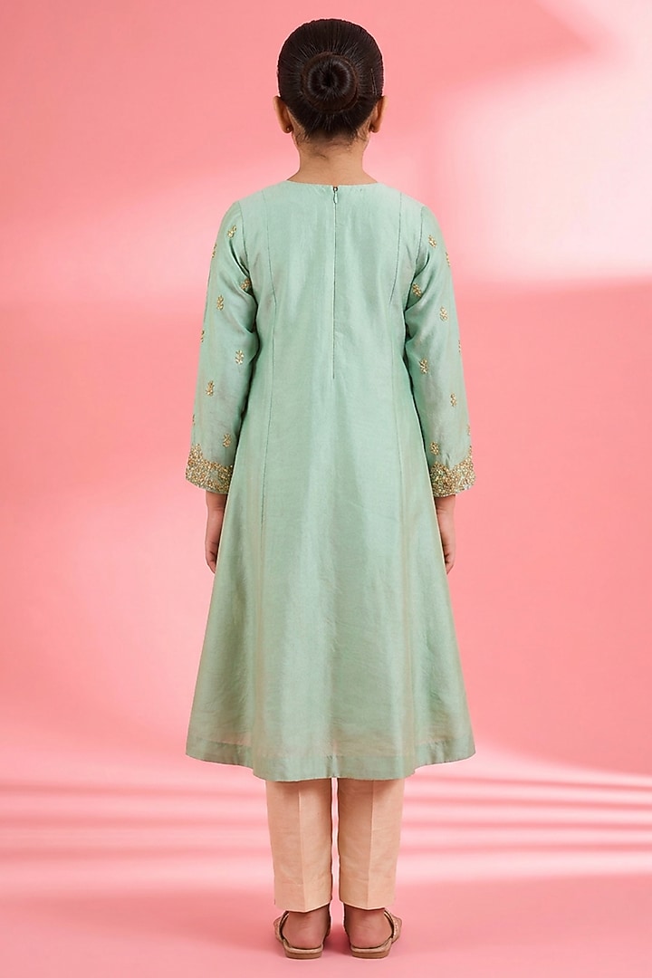 Sea Green Viscose Katan Silk Sequin Embroidered Kurta Set For Girls by Harmony at Pernia's Pop Up Shop