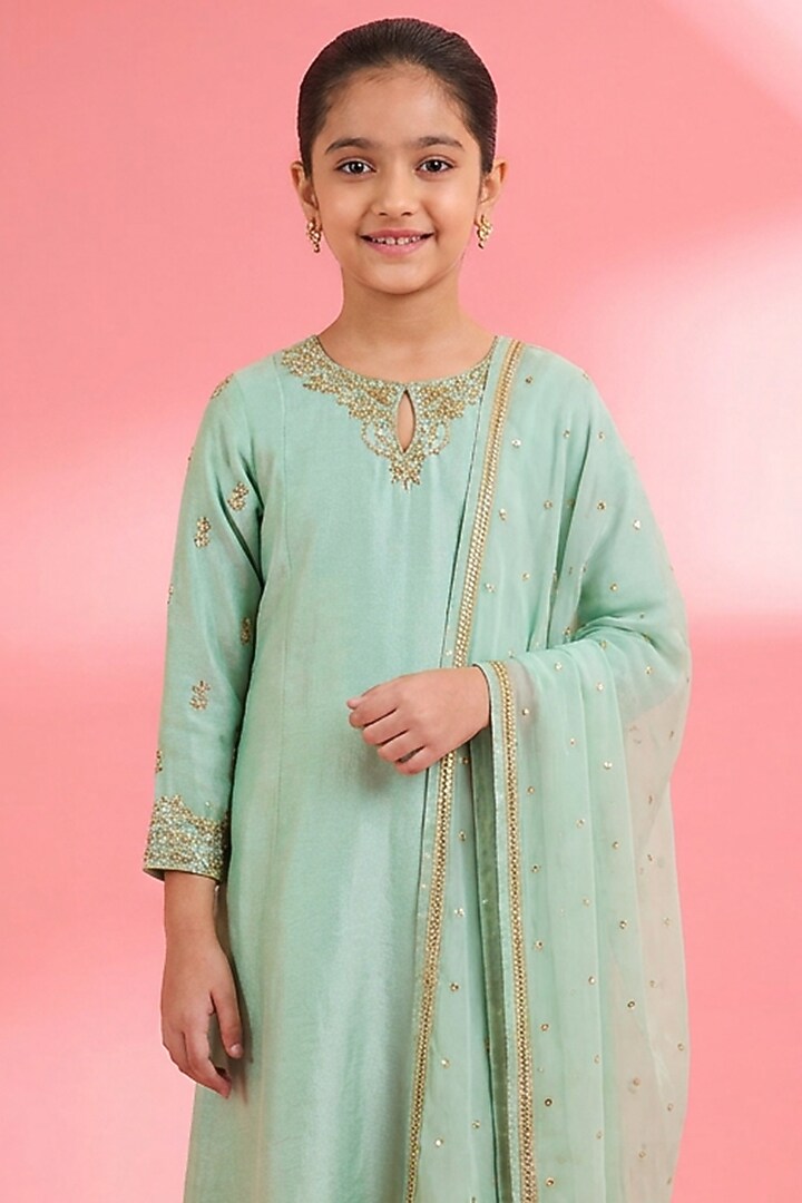 Sea Green Viscose Katan Silk Sequin Embroidered Kurta Set For Girls by Harmony at Pernia's Pop Up Shop