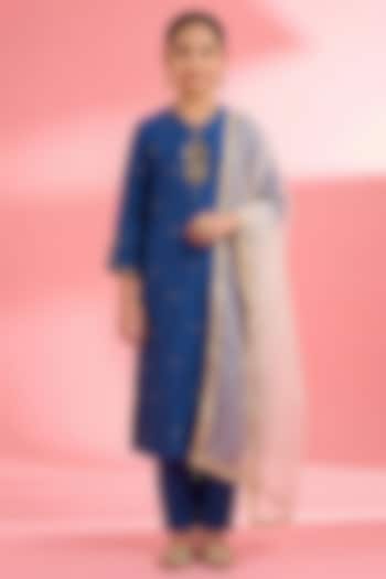 Blue Viscose Katan Silk Zari Embroidered Kurta Set For Girls by Harmony at Pernia's Pop Up Shop