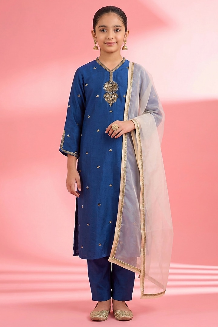 Blue Viscose Katan Silk Zari Embroidered Kurta Set For Girls by Harmony at Pernia's Pop Up Shop