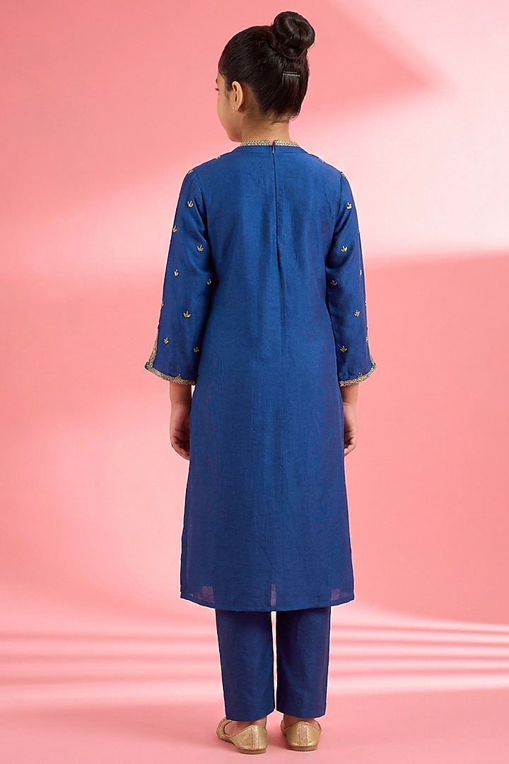 Blue Viscose Katan Silk Zari Embroidered Kurta Set For Girls by Harmony at Pernia's Pop Up Shop