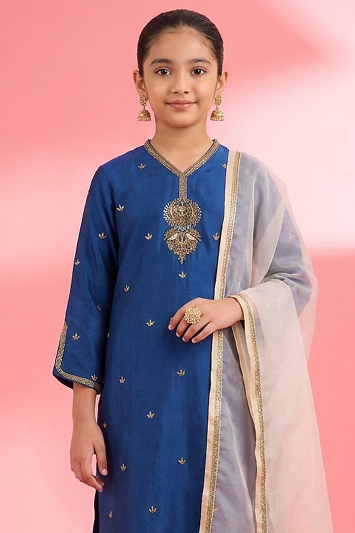 Blue Viscose Katan Silk Zari Embroidered Kurta Set For Girls by Harmony at Pernia's Pop Up Shop