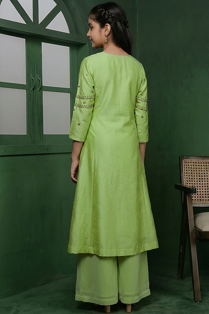 Light Green Katan Silk Sharara Set For Girls by Harmony at Pernia's Pop Up Shop
