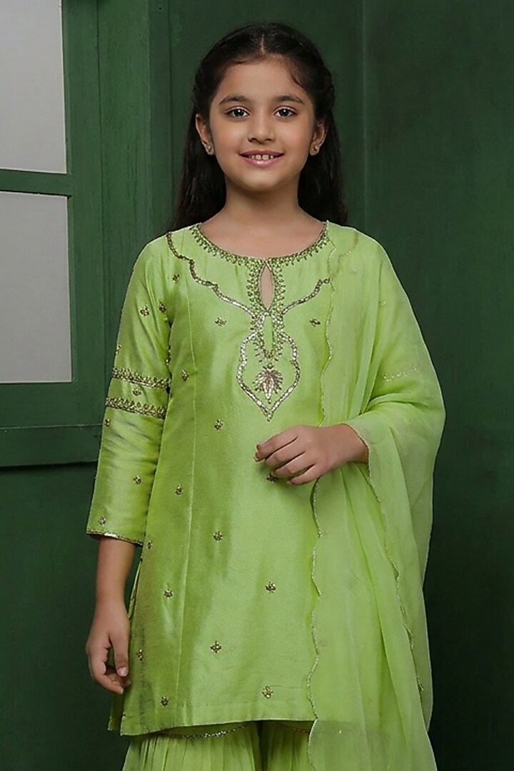 Light Green Katan Silk Sharara Set For Girls by Harmony at Pernia's Pop Up Shop
