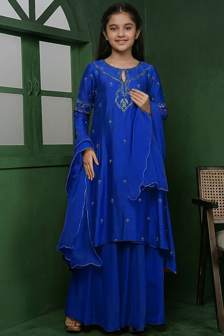 Royal Blue Katan Silk Sharara Set For Girls by Harmony at Pernia's Pop Up Shop