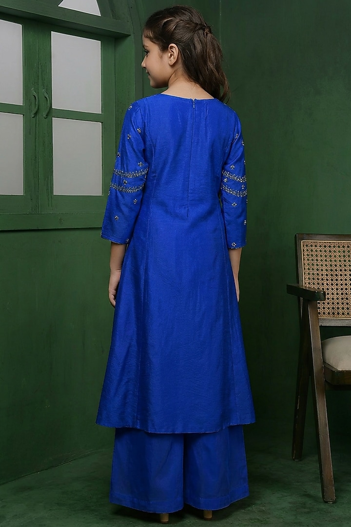 Royal Blue Katan Silk Sharara Set For Girls by Harmony at Pernia's Pop Up Shop