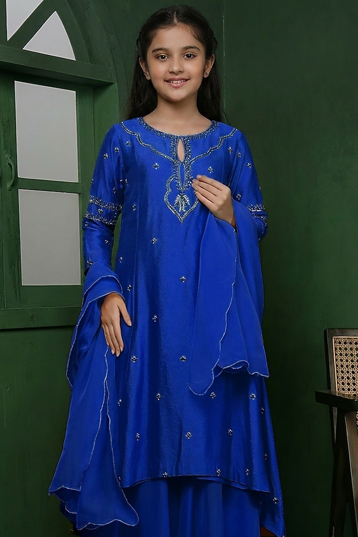 Royal Blue Katan Silk Sharara Set For Girls by Harmony at Pernia's Pop Up Shop