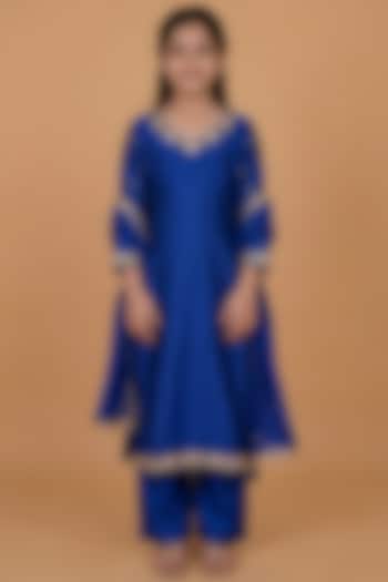 Royal Blue Katan Silk Pearl Embroidered Kurta Set For Girls by Harmony at Pernia's Pop Up Shop