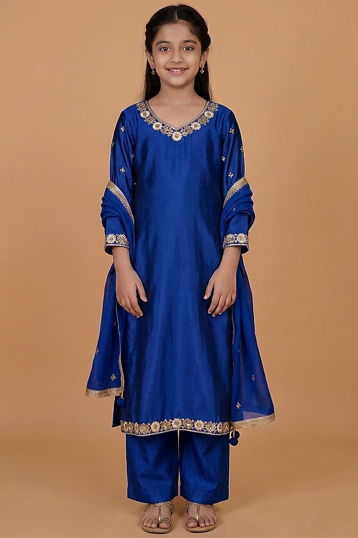 Royal Blue Katan Silk Pearl Embroidered Kurta Set For Girls by Harmony at Pernia's Pop Up Shop