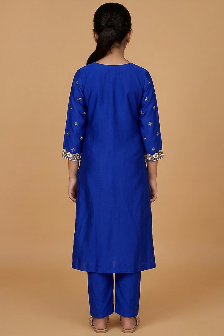 Royal Blue Katan Silk Pearl Embroidered Kurta Set For Girls by Harmony at Pernia's Pop Up Shop