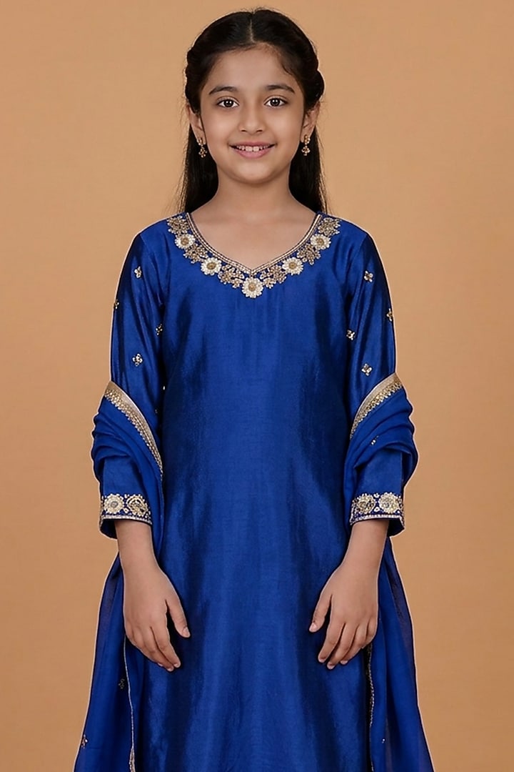 Royal Blue Katan Silk Pearl Embroidered Kurta Set For Girls by Harmony at Pernia's Pop Up Shop
