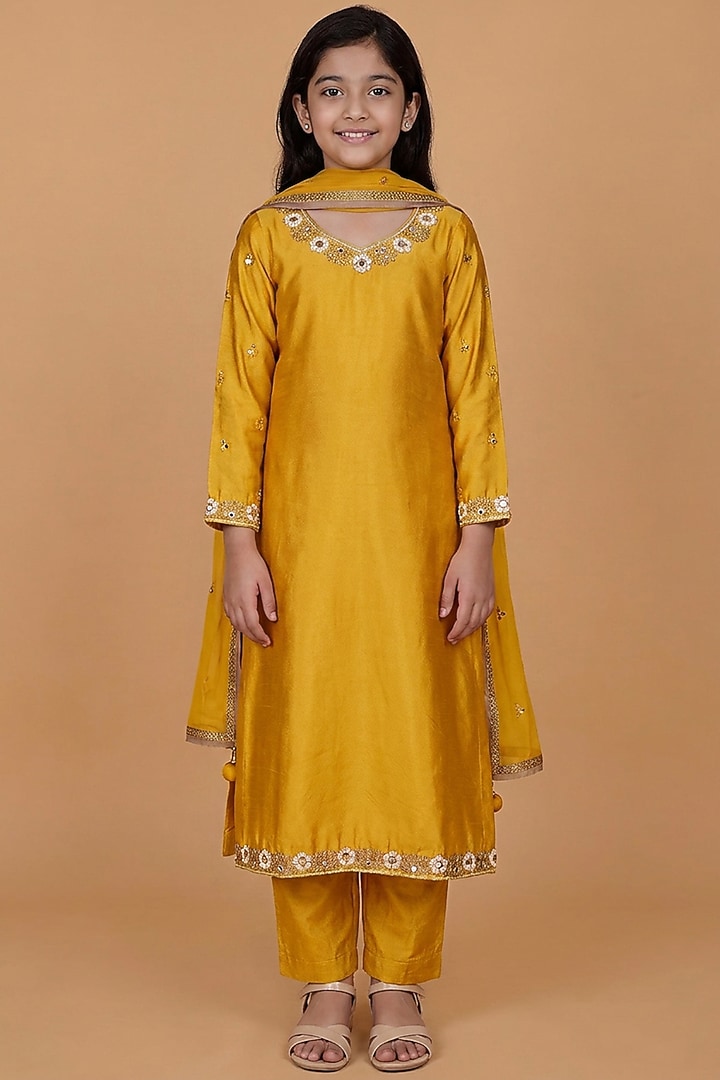 Mustard Katan Silk Mirror Embroidered Kurta Set For Girls by Harmony at Pernia's Pop Up Shop