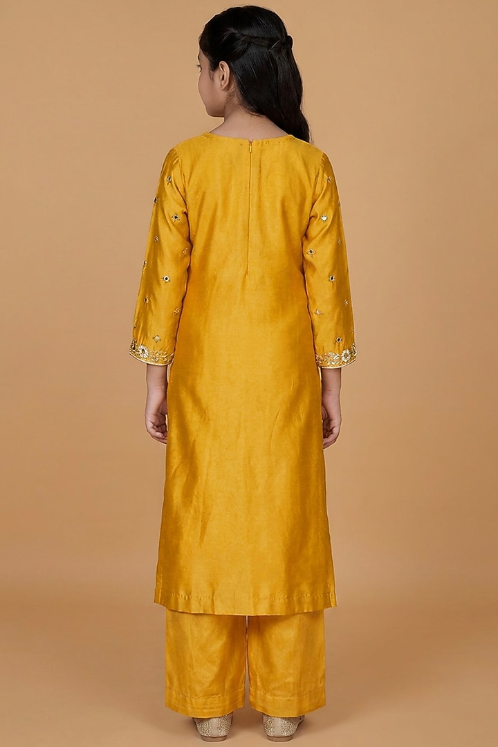 Mustard Katan Silk Mirror Embroidered Kurta Set For Girls by Harmony at Pernia's Pop Up Shop